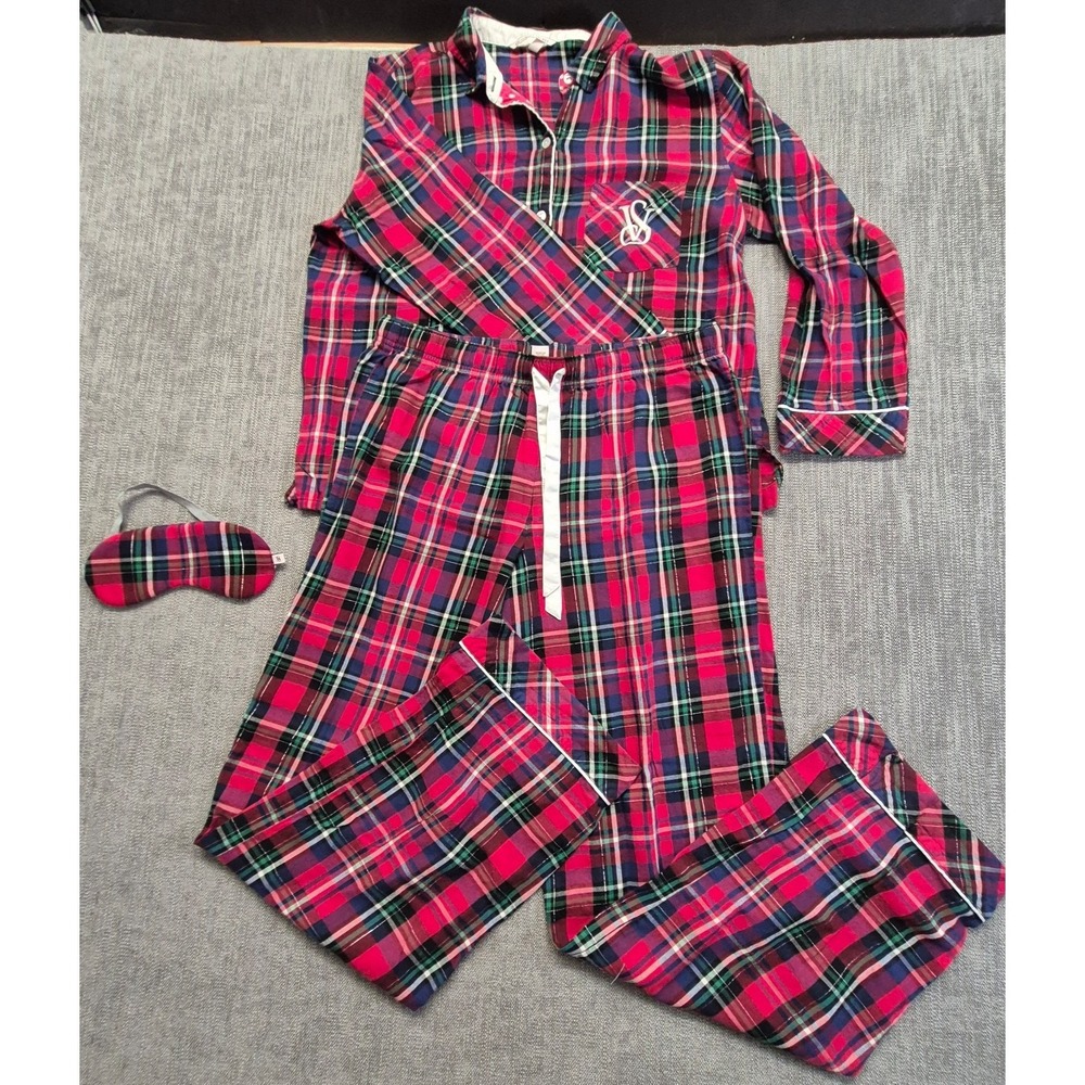 Victoria Secret red plaid 3PC flannel pajama set M‎ Shirt Pants Eye Mask Classic
